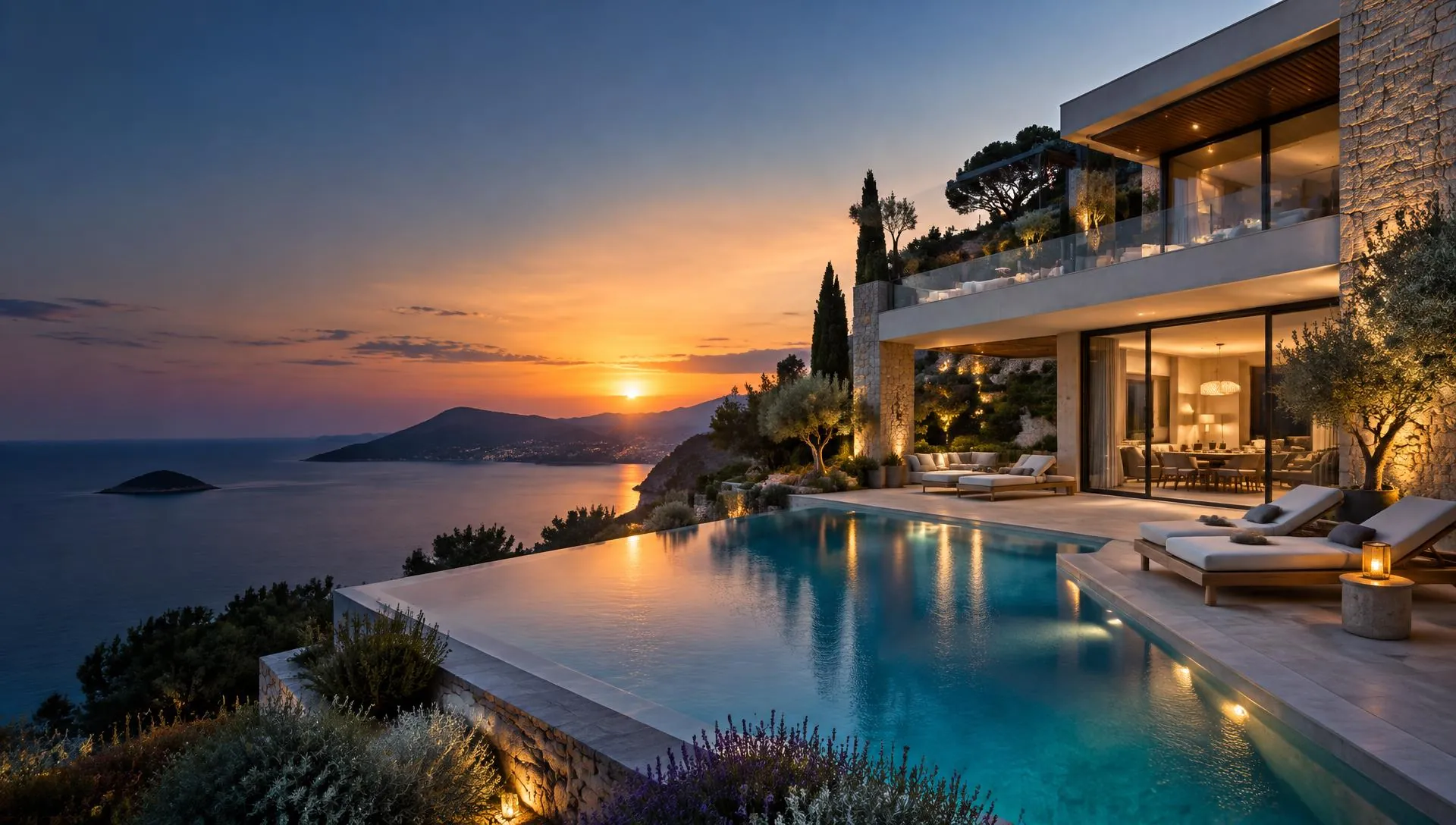 Modern Mediterranean estate overlooking the sea at sunset